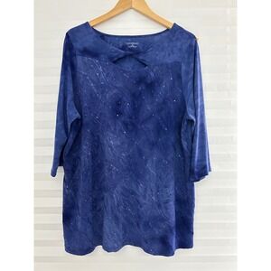 Catherines Blue Tie Dye Sequin Twist Keyhole Neck 3/4 Sleeve Top Plus Size 0X
